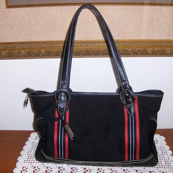 Chaps Ralph Lauren Satchel Black Canvas Handbag Shoulder Tote Bag Shopper Purse - Picture 1 of 8